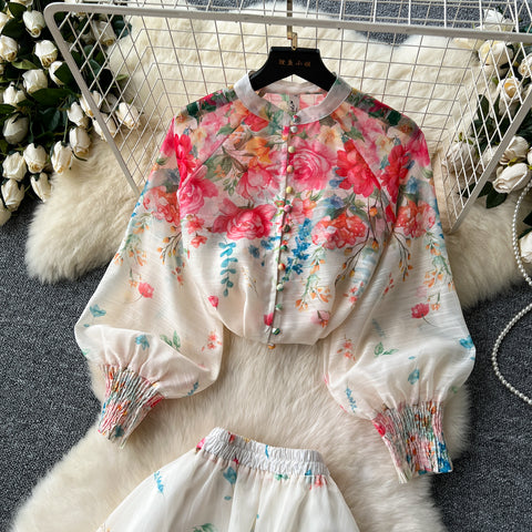 Single-breasted Top&Half-body Skirt Floral 2Pcs