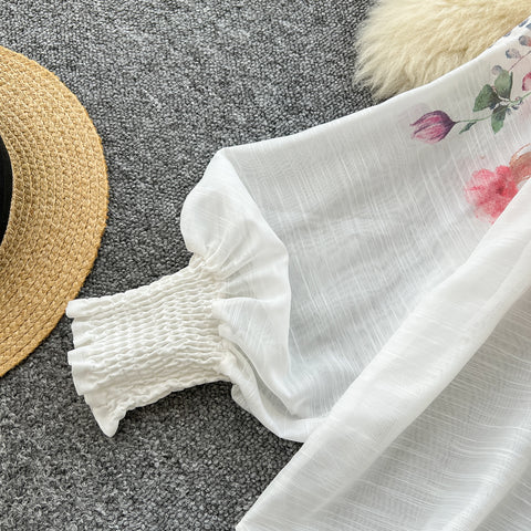 Flared-sleeve Shirt & Skirt Floral 2Pcs