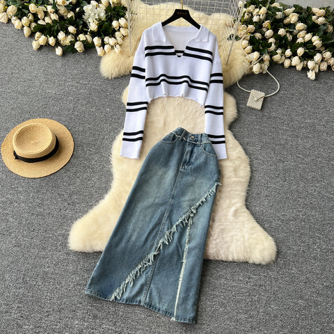 Striped Knitwear&Denim Skirt 2Pcs