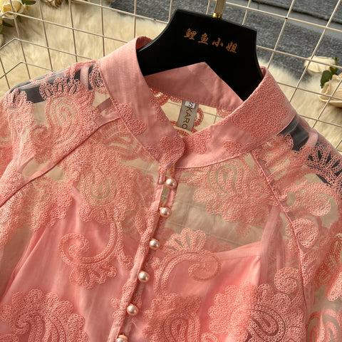 Embroidered Mesh Shirt & Skirt 2Pcs
