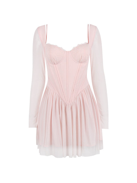 Pink Lace Patchwork Pleated Dress