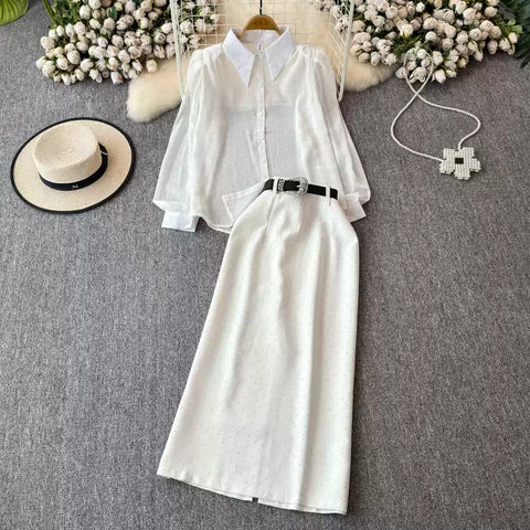 White Shirt&Hip-wrapping Skirt 2Pcs