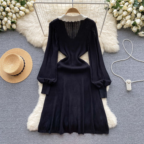 Doll Collar Black Knitted Shirt Dress