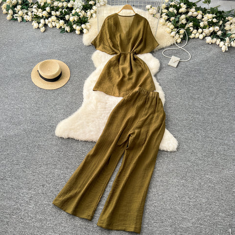 Draped Neckline Top & Wide-leg Trousers 2Pcs
