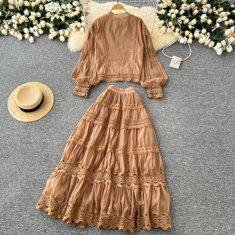 V-neck Shirt&Skirt Lace Patchwork 2Pcs