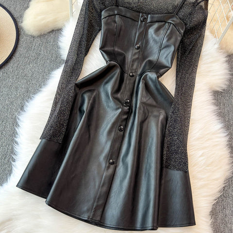 PU Slip Dress&Bottoming Top 2Pcs