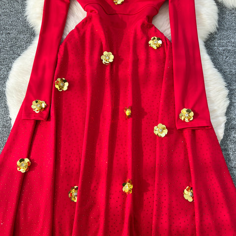 Sequin Beaded Floral V-neck Dress