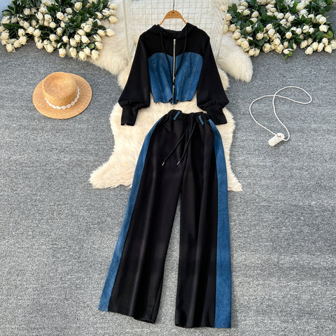 Denim Patchwork Cardigan & Trousers 2Pcs