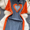 Polo Collar Zipped Denim Patchwork Dress