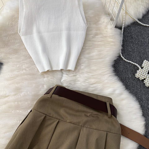 Hollowed Knitwear&Pleated Skirt 2Pcs