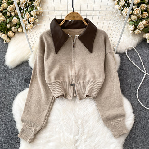 Zipped Cardigan&Plaid Skirt 2Pcs