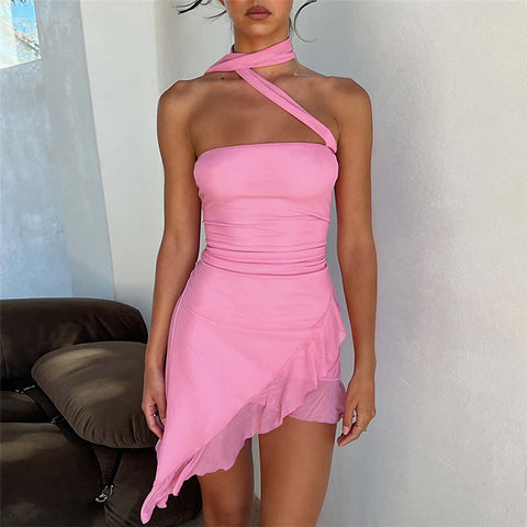 Modern Ruffled Ribbon Halter Dress