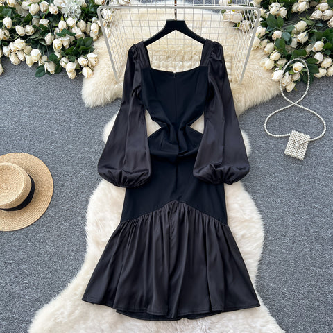 Square Neckline Patchwork Black Dress