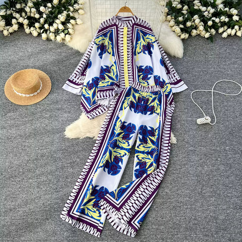 Bat Sleeve Top & Trousers Ethnic Printed 2Pcs