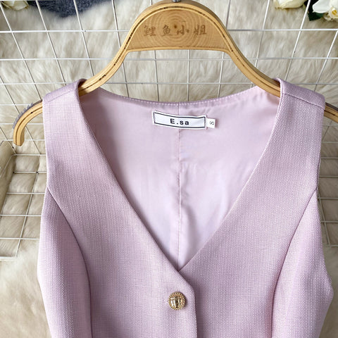 Single-breasted Vest&Pleated Skirt 2Pcs