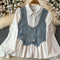 Denim Vest&Ruffled White Shirt 2Pcs