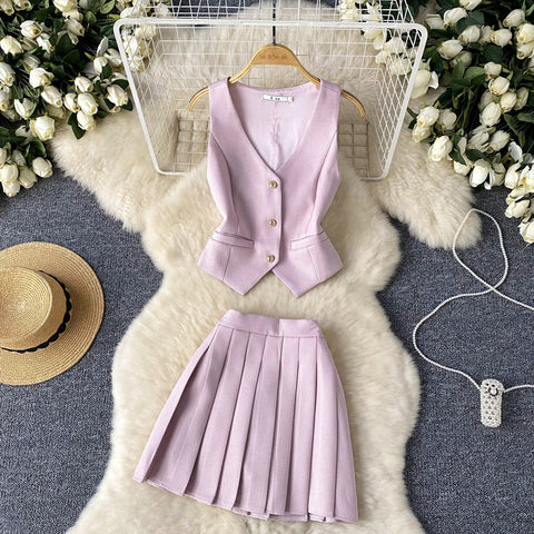 Single-breasted Vest&Pleated Skirt 2Pcs