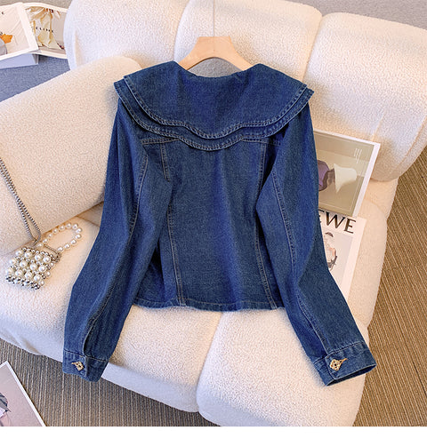 Double-layered Collar Denim Short Jacket