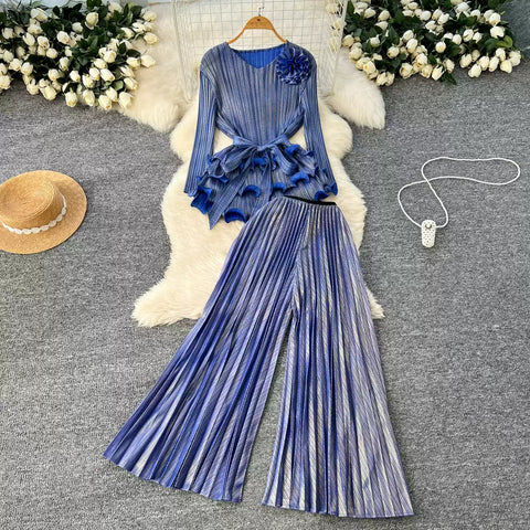 Ruffled Top & Wide-leg Trousers 2Pcs