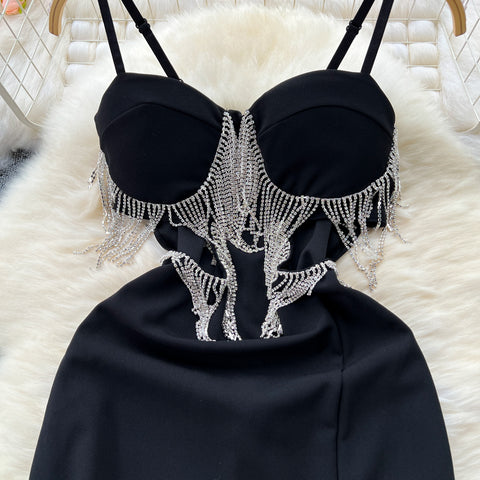High-end Fringed Black Slip Dress