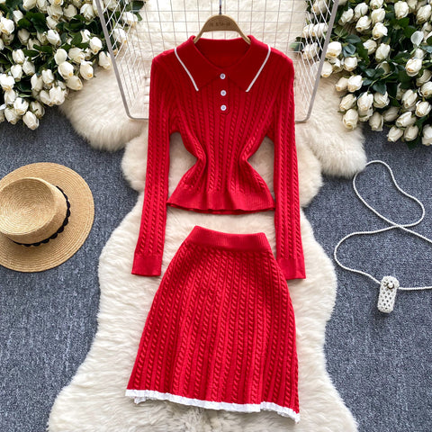 Lapeled Knitwear&Skirt Tweed 2Pcs