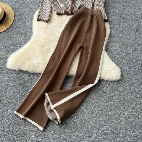 V-neck Sweater&Trousers Striped 2Pcs