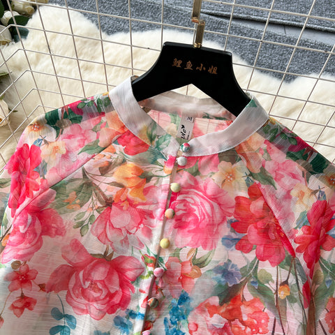 Single-breasted Top&Half-body Skirt Floral 2Pcs