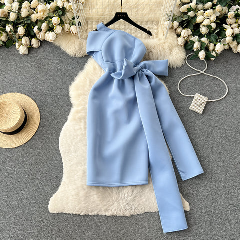 Slant Neckline Large Bow Dress