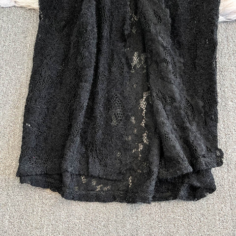 Embroidered Lace Turtleneck Black Dress