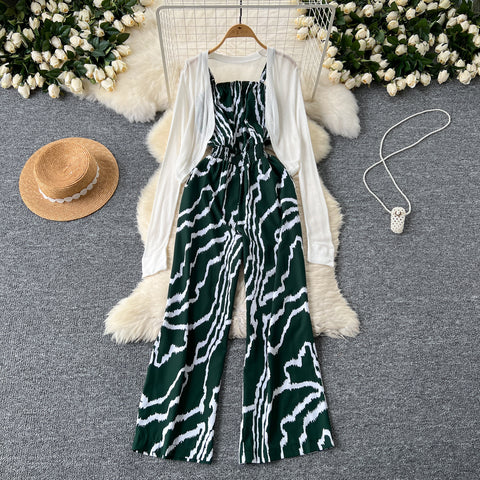 White Cardigan&Floral Jumpsuit 2Pcs