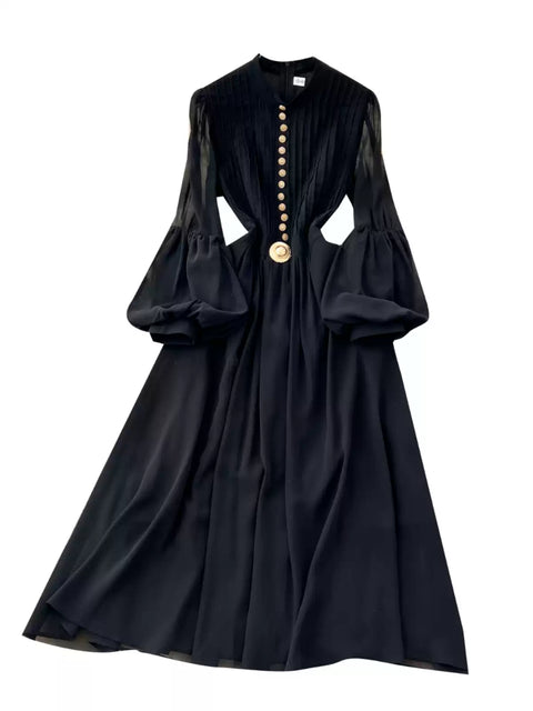Elegant Metal Button Black Chiffon Dress