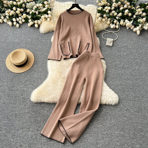 Round-collar Sweater&Trousers 2Pcs