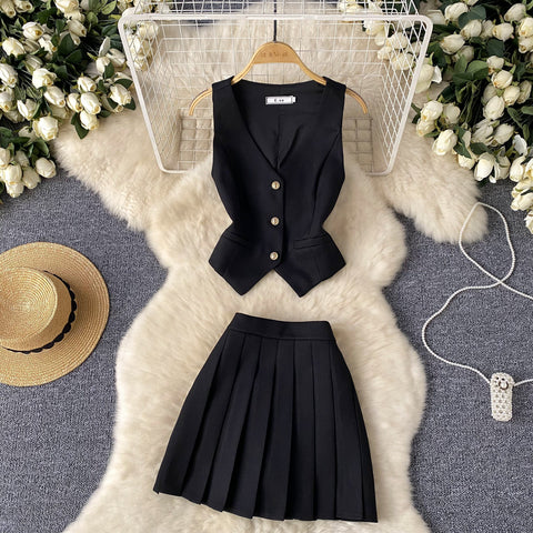Single-breasted Vest&Pleated Skirt 2Pcs