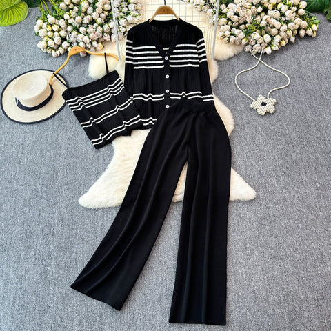 Camisole&Cardigan&Trousers Striped 3Pcs