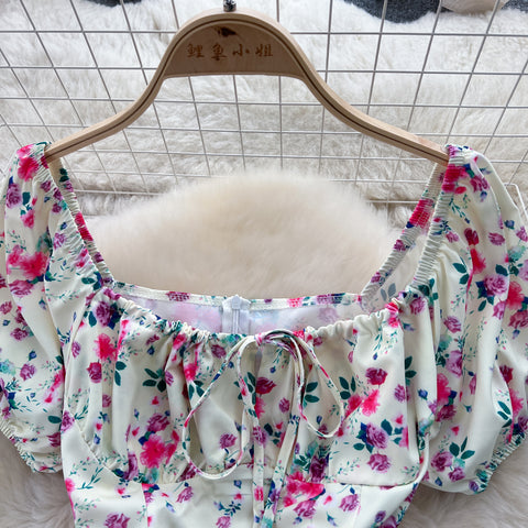 Ruffled Neckline Floral Split Dress