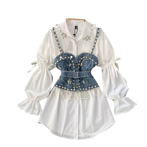 Korean Style Beaded Denim Patchwork Shirt