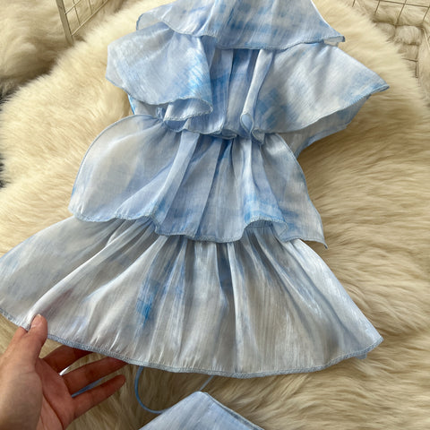 Tie-dye Blue Halter Top & Skirt 2Pcs