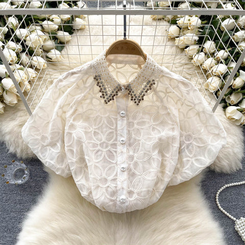 Niche Beaded Hollowed Mesh Blouse