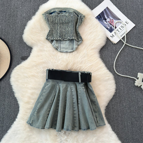 Lace-up Top&Pleated Skirt Denim 2Pcs