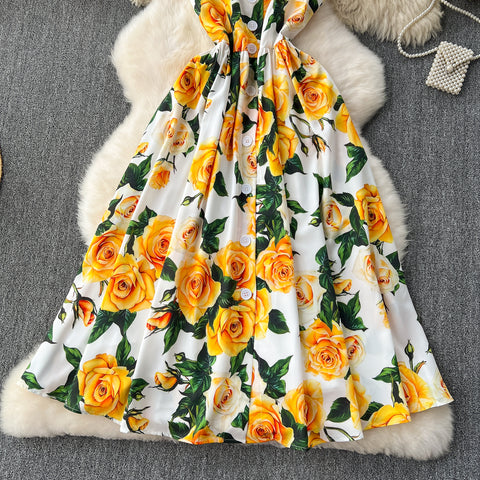 Floral Printed Single-breasted Slip Dress
