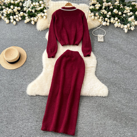 Beaded Cardigan&Slim Skirt Knitted 2Pcs