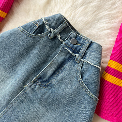 Striped Knitwear&Denim Skirt 2Pcs