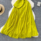 Folded Collar Pleated Mustard Green Dress