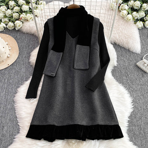 Patchwork Vest Dress&Black Sweater 2Pcs