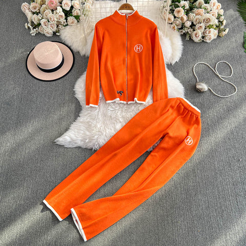 Zipped Cardigan&Wide-leg Trousers 2Pcs
