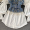 Korean Style Beaded Denim Patchwork Shirt