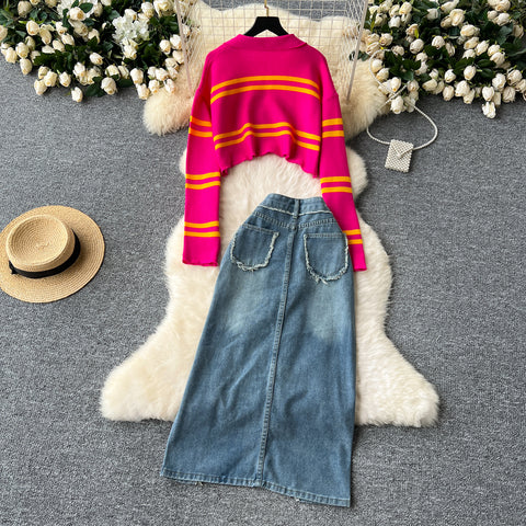 Striped Knitwear&Denim Skirt 2Pcs