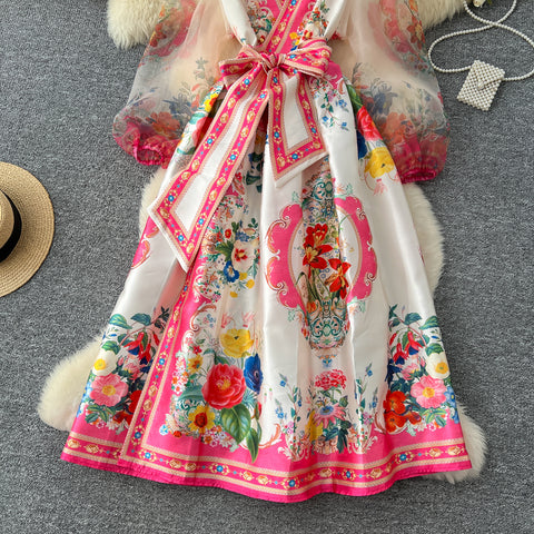Courtly Lace-up Floral Printed Dress