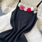 3d Floral Neckline Black Slip Dress