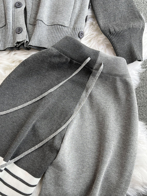 V-neck Cardigan&Drawstring Trousers 2Pcs